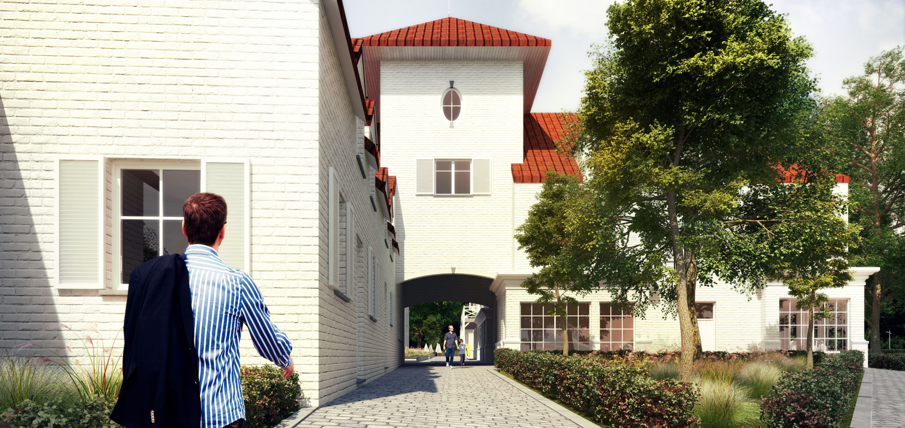 Bâtiment résidentiel moderne avec terrasses et végétation